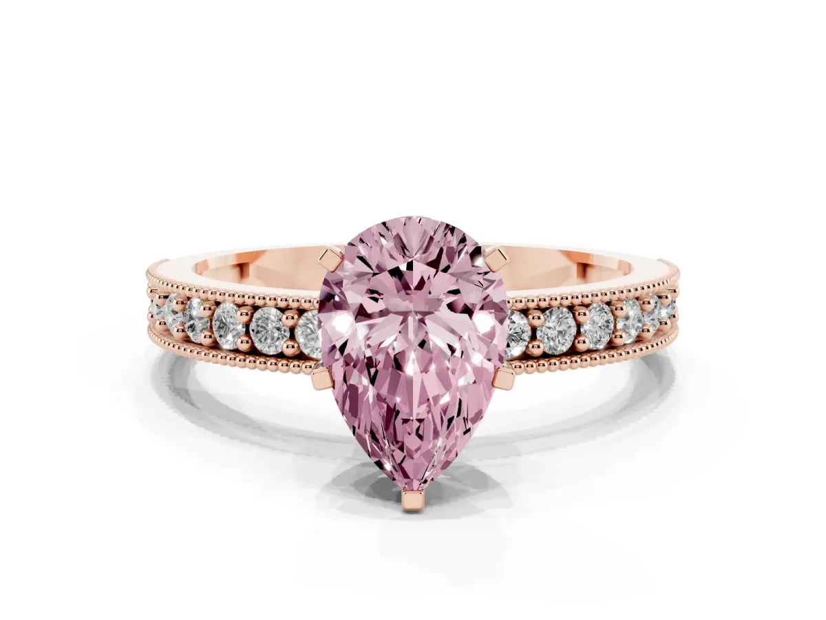 Fancy Pink Pear Cut Diamond Milgrain Pavé Engagement Ring with Four-Prong Setting Rose gold