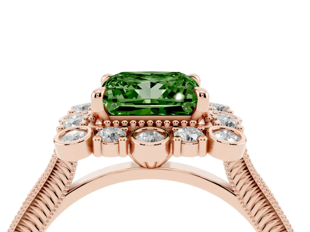 Fancy Green Princess Cut Halo Milgrain Pave Diamond Ring with Four-Prong Setting Rose gold