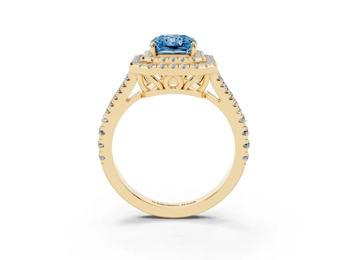 Fancy Blue Radiant Cut Diamond Double Halo Ring with Pavé Band and Prong Setting Yellow gold