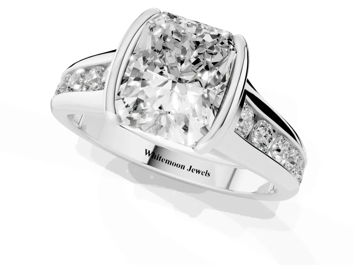 Radiant Cut Solitaire Bezel-Set Diamond Ring with Channel-Set Band Platinum