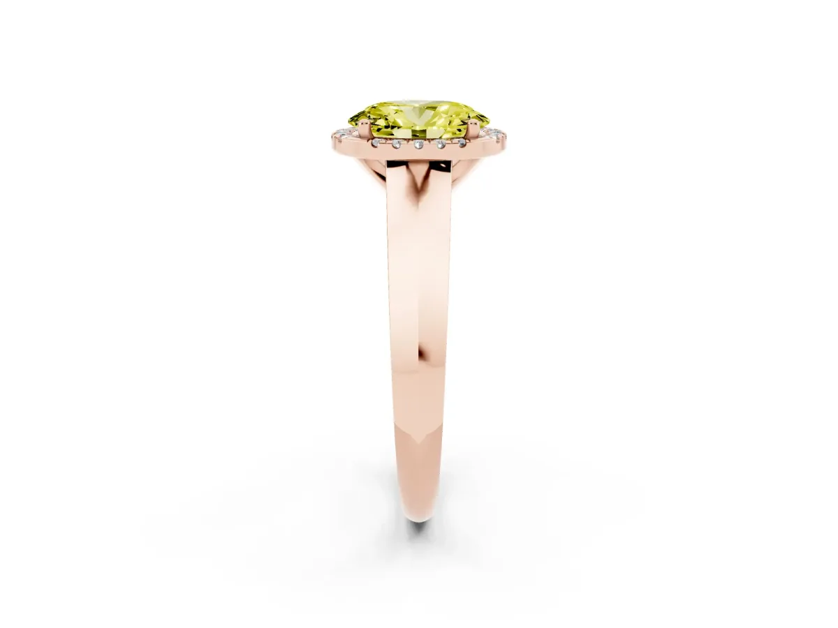 Fancy Yellow Oval Cut Halo Diamond Ring with Cathedral Band and Four-Prong Setting Rose gold