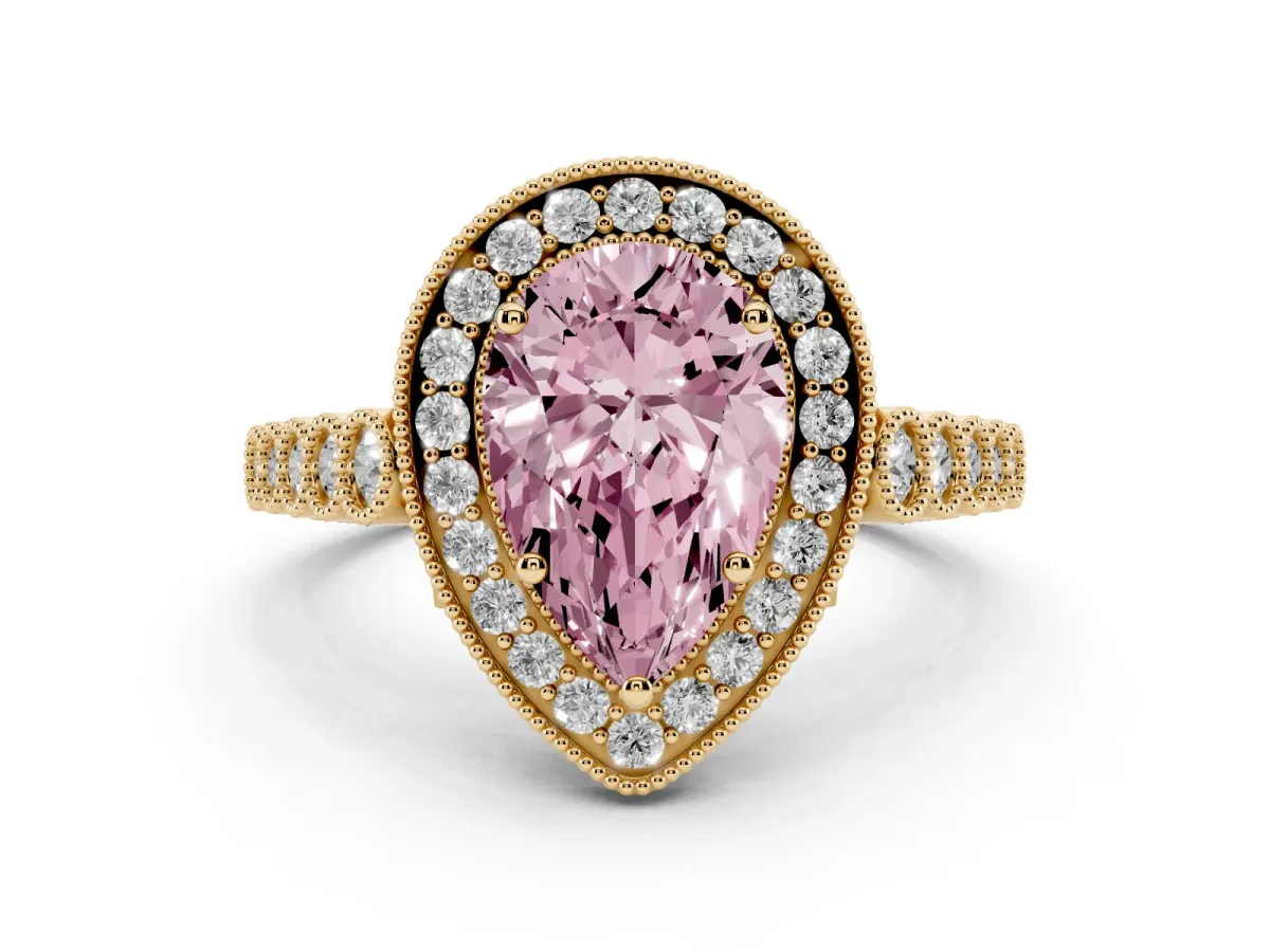 Fancy Pink Pear Cut Halo Twist Band Solitaire Ring with Six-Prong Setting Yellow gold