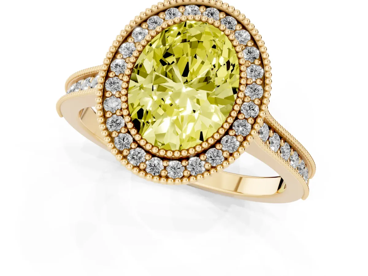 Fancy Yellow Halo Oval Cut-Cut Diamond Pave Band Milgrain Prong Setting Ring Yellow gold
