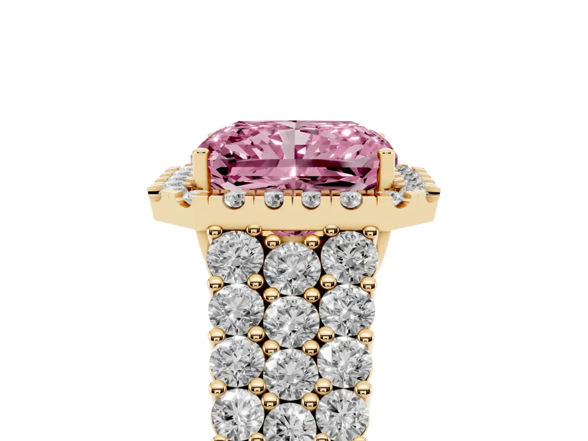 Fancy Pink Radiant Cut Diamond Halo Engagement Ring with Triple Row Round Pavé Band and Prong Setting Yellow gold