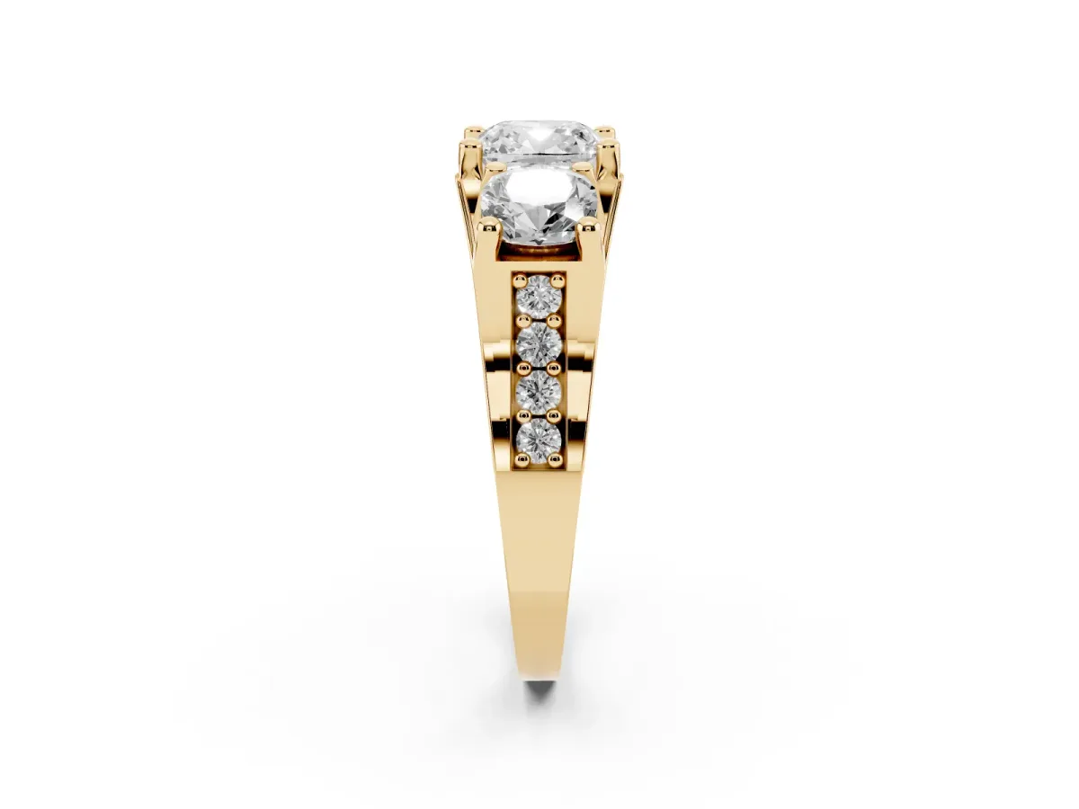 Cushion Cut Diamond Three-Stone Ring with Channel Set Band and Four-Prong Setting Yellow gold