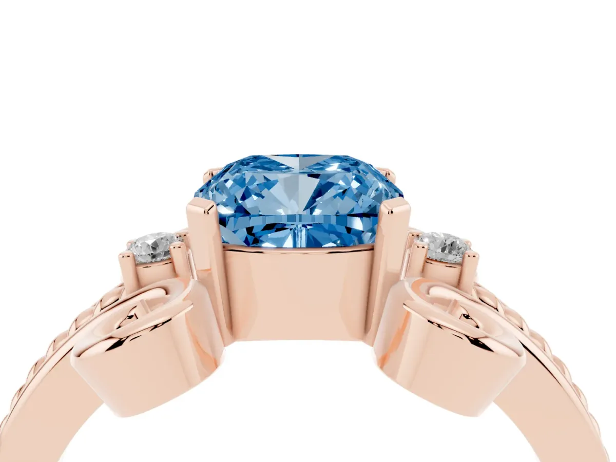 Fancy Blue Cushion Cut Solitaire Twisted Band Scroll Prong Ring Rose gold
