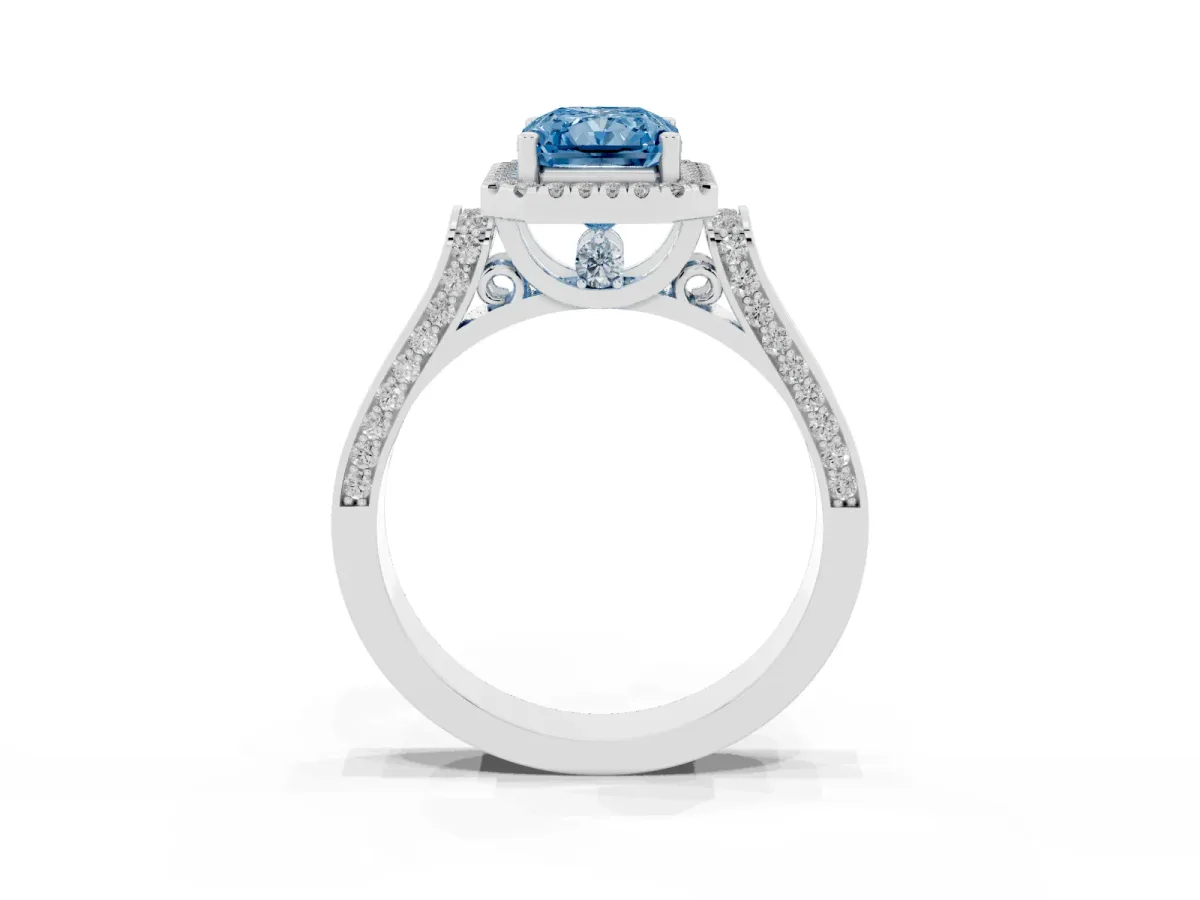 Fancy Blue Radiant Cut Halo Pave Split Shank Prong Setting Ring Silver