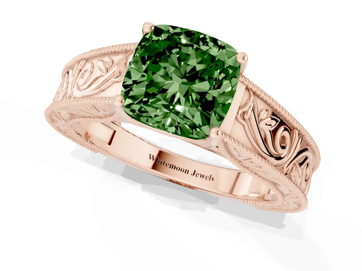 Fancy Green Cushion Cut Diamond Solitaire Ring with Engraved Band and Four-Prong Setting Rose gold