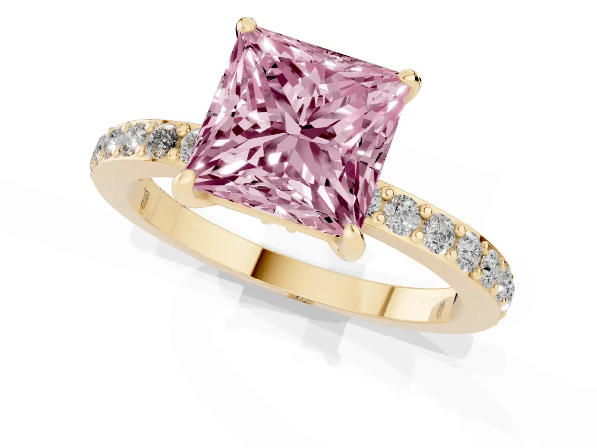 Fancy Pink Princess Cut Diamond Solitaire Engagement Ring with Pavé Band and Four-Prong Setting Yellow gold