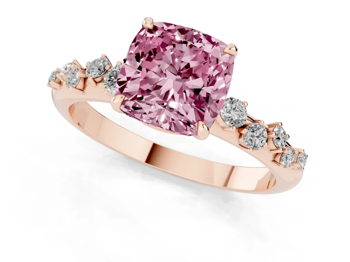 Fancy Pink Cushion Cut Diamond Cluster Prong-Set Solitaire Ring Rose gold