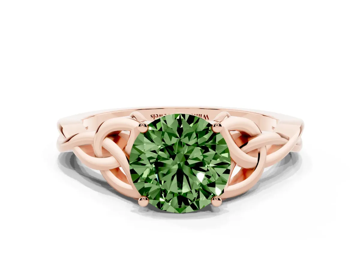 Fancy Green Round Cut Diamond Solitaire Engagement Ring with Celtic Knot Band and Four-Prong Setting Rose gold