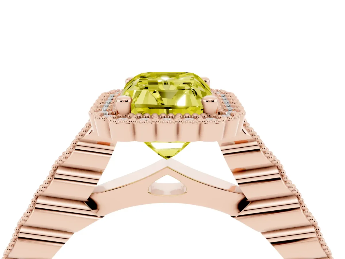 Fancy Yellow Radiant Cut Cut Halo Pavé Solitaire Ring with Milgrain Band Rose gold