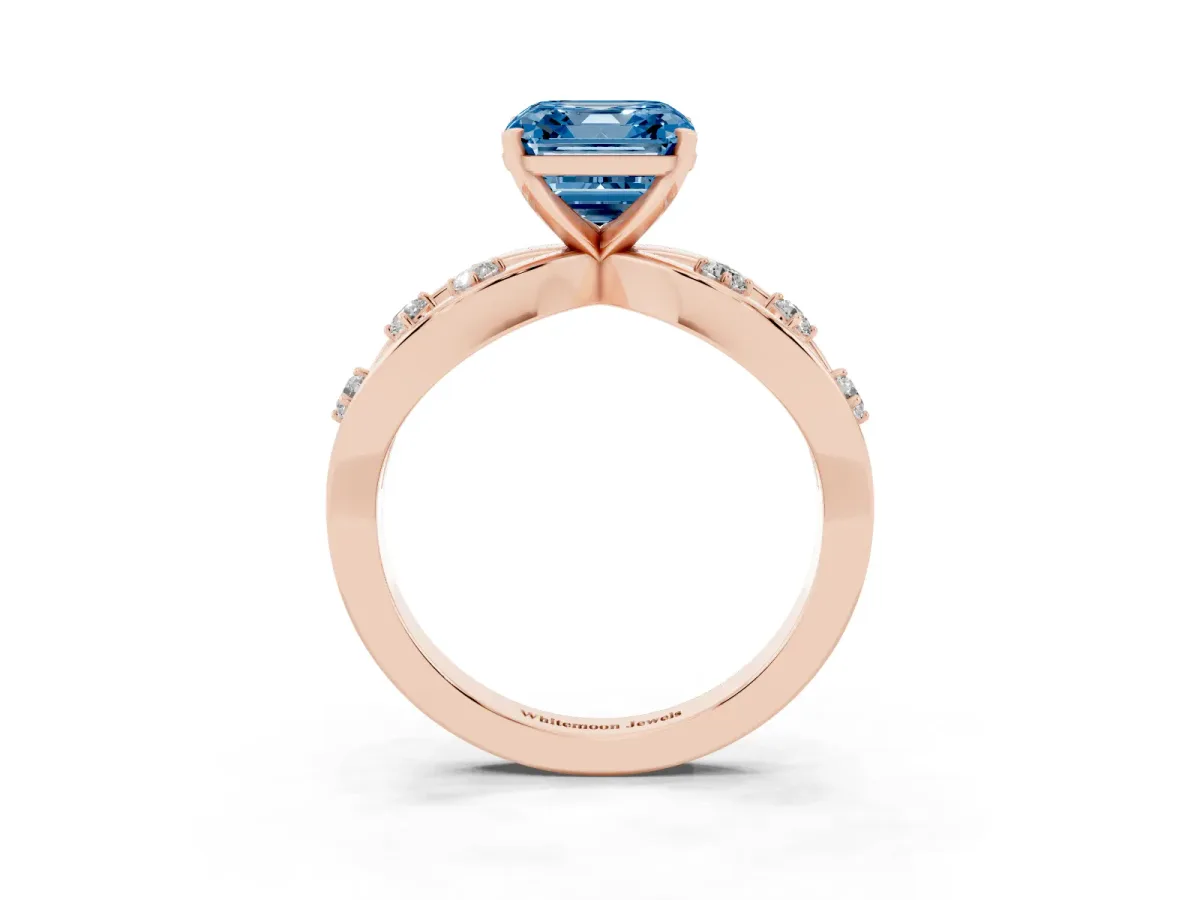 Fancy Blue Asscher Cut Cut Solitaire Diamond with Side Stones on Criss-Cross Band and Four-Prong Setting Rose gold