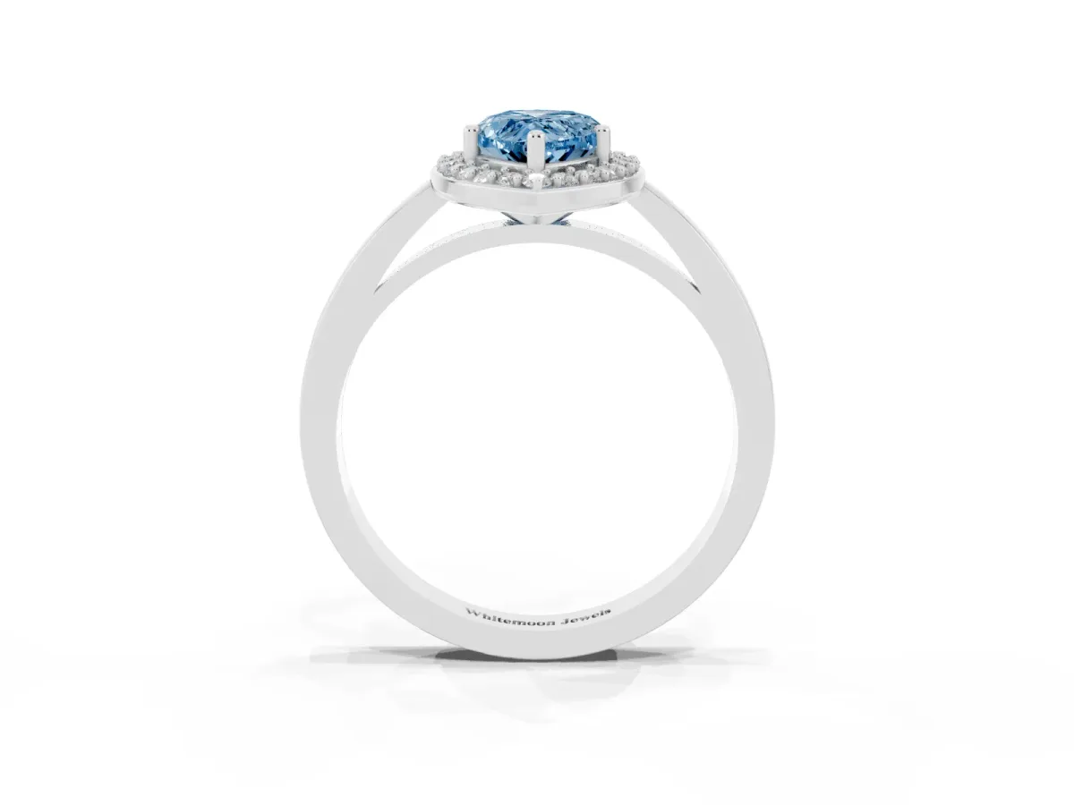Fancy Blue Pear Cut Halo Diamond Ring with Solitaire Band and Prong Setting Platinum