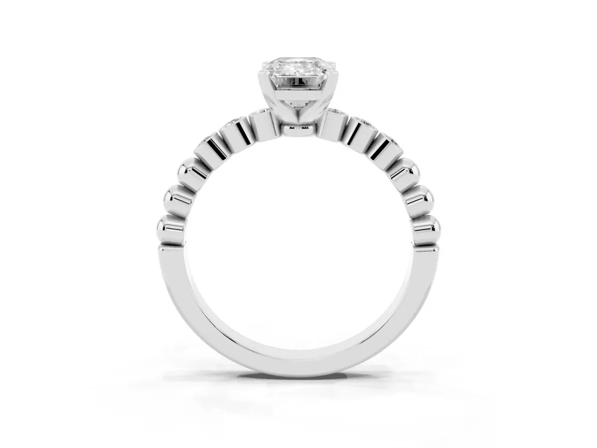 Emerald Cut Solitaire Bezel Accent Diamond Engagement Ring with Beaded Band and Four-Prong Setting Silver