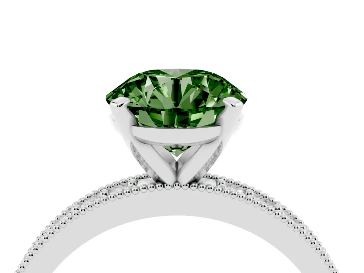 Fancy Green Round Cut Diamond Milgrain Pavé Engagement Ring with Four-Prong Setting Platinum