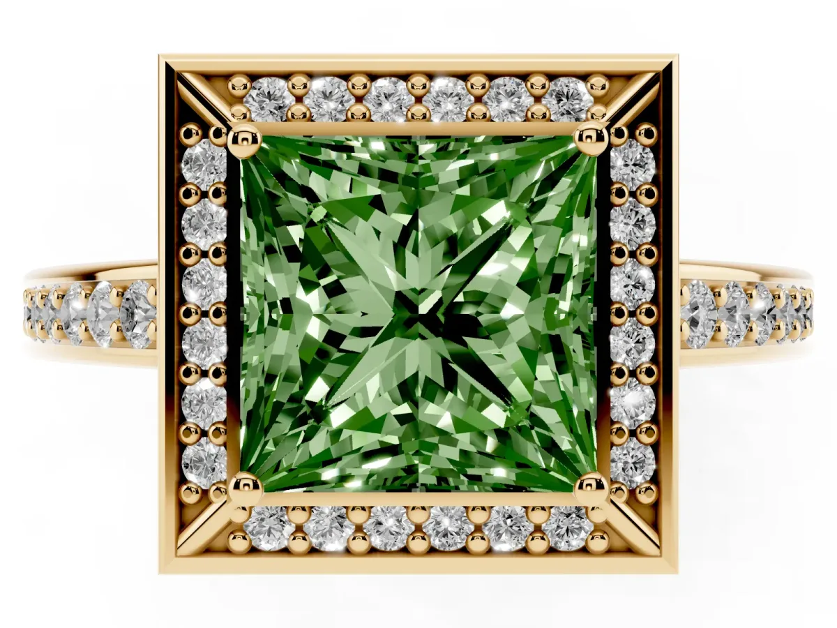 Fancy Green Princess Cut Cut Halo Pave Split Shank Prong Setting Ring Yellow gold