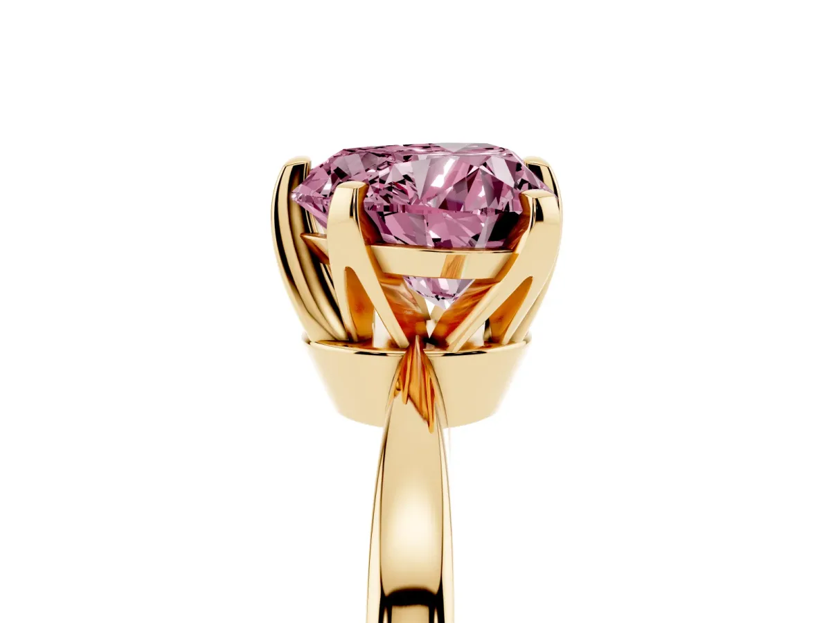 Fancy Pink Heart Cut Solitaire Engagement Ring with Six-Prong Setting and Tapered Band Yellow gold