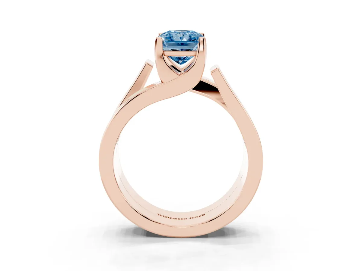 Fancy Blue Modern Tension Set Radiant Cut Diamond Solitaire Wide Band Ring Rose gold