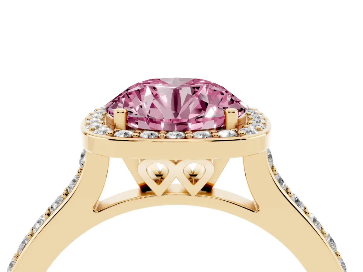 Fancy Pink Round Cut Diamond Halo Engagement Ring with Round Pavé Shoulders and Prong Setting Yellow gold