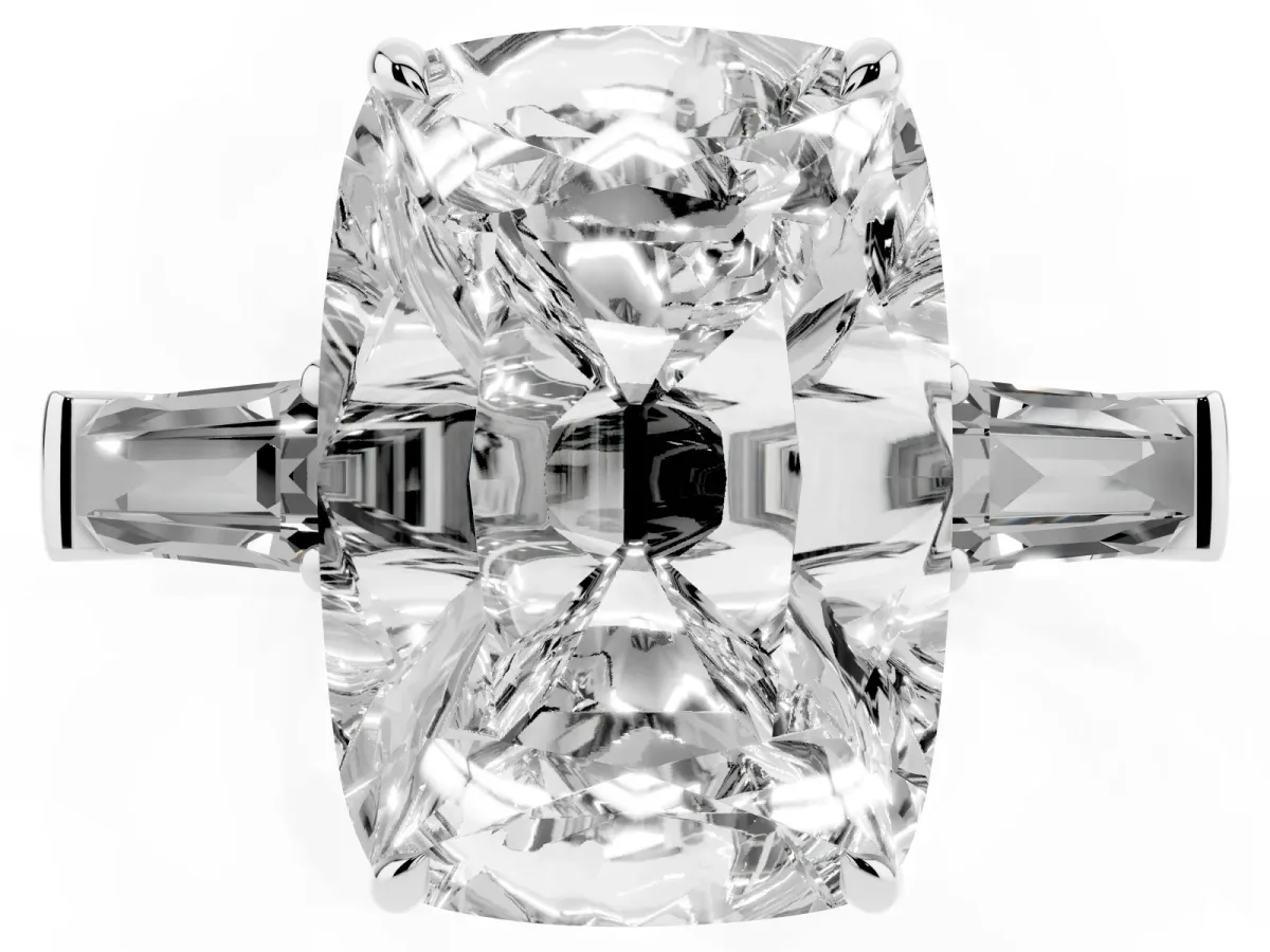 Old Mine Elongated Cushion Diamond with Side Tapered Baguette Three Stone Ring Silver