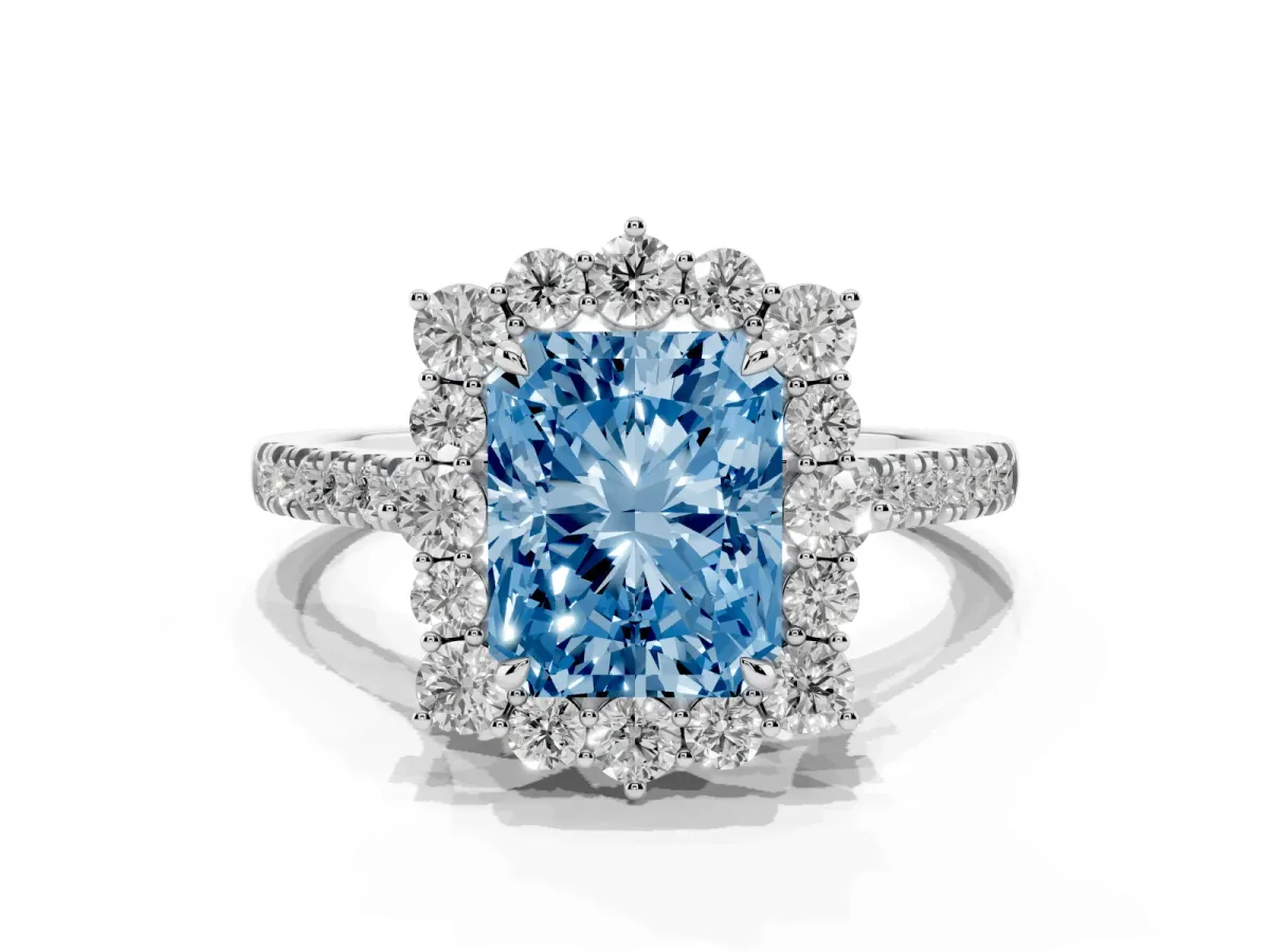 Fancy Blue Radiant Cut Halo Diamond Ring with Pavé Band and Prong Setting Silver