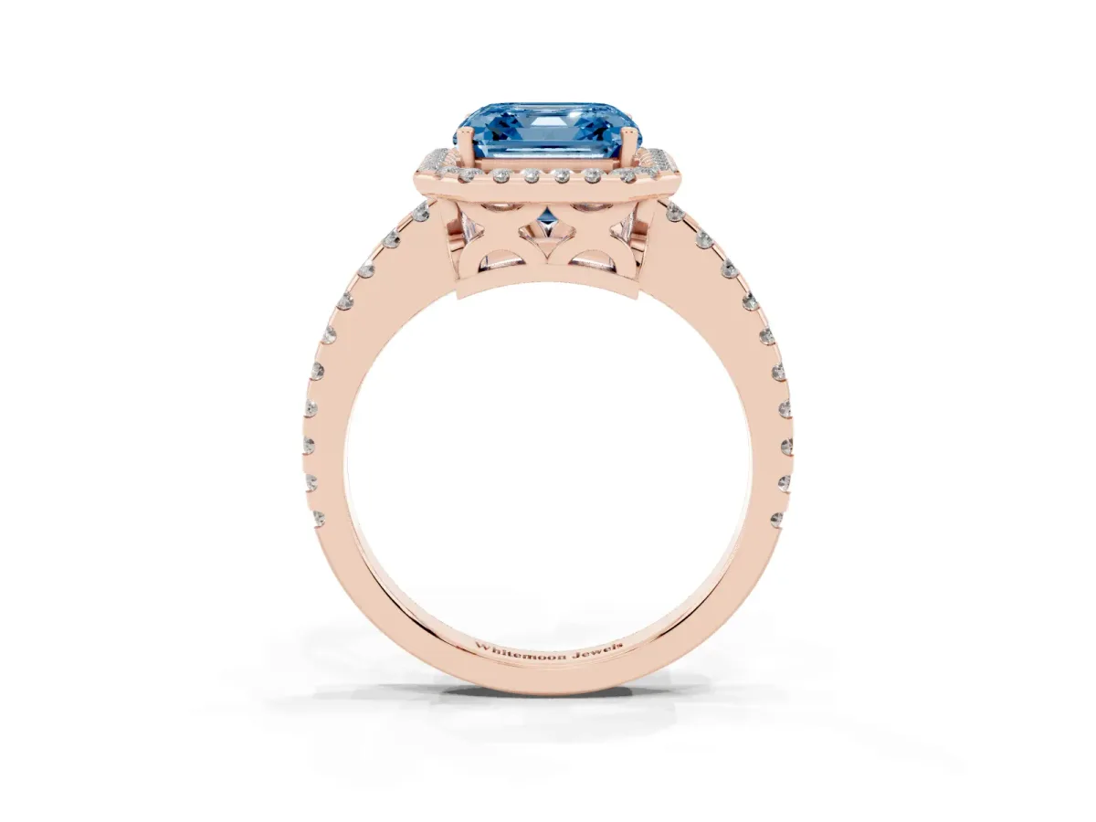 Fancy Blue Asscher Cut Diamond Halo Engagement Ring with Pavé Band and Prong Setting Rose gold