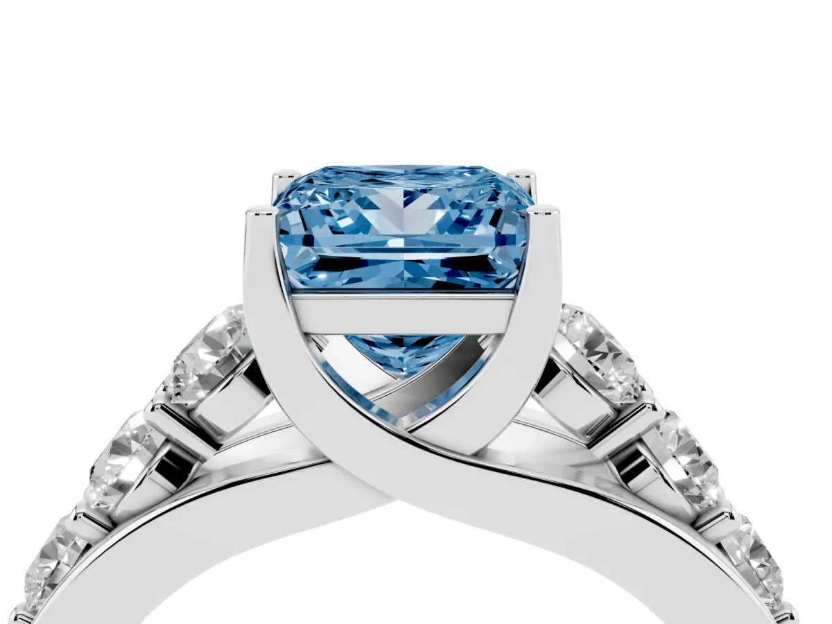 Fancy Blue Princess Cut Diamond Engagement Ring with Pavé Band and Four-Prong Setting Platinum