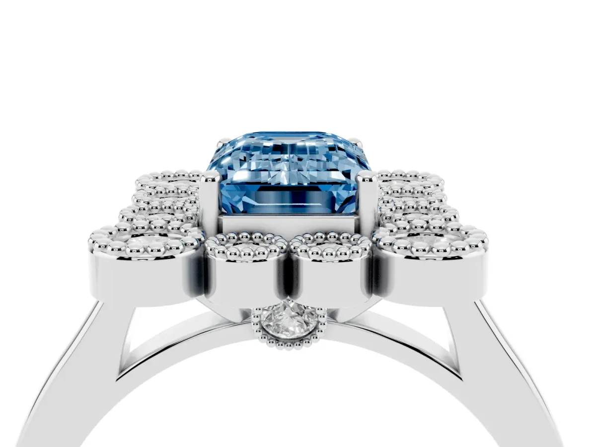 Fancy Blue Emerald Cut Halo Diamond Cluster Engagement Ring with Milgrain Bezel Setting and Solitaire Band Platinum