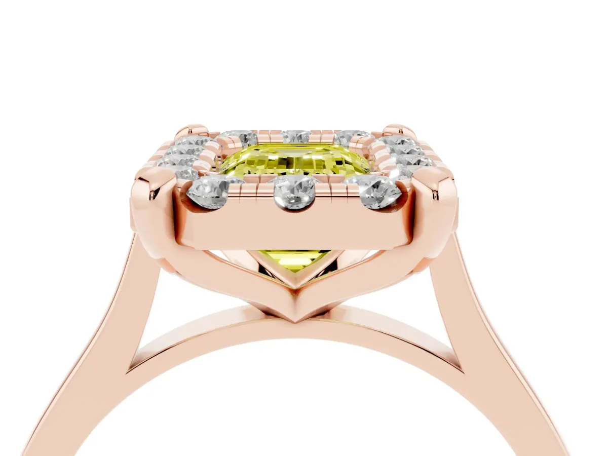 Fancy Yellow Emerald Cut Diamond Cluster Halo Solitaire with Four-Prong Setting Rose gold
