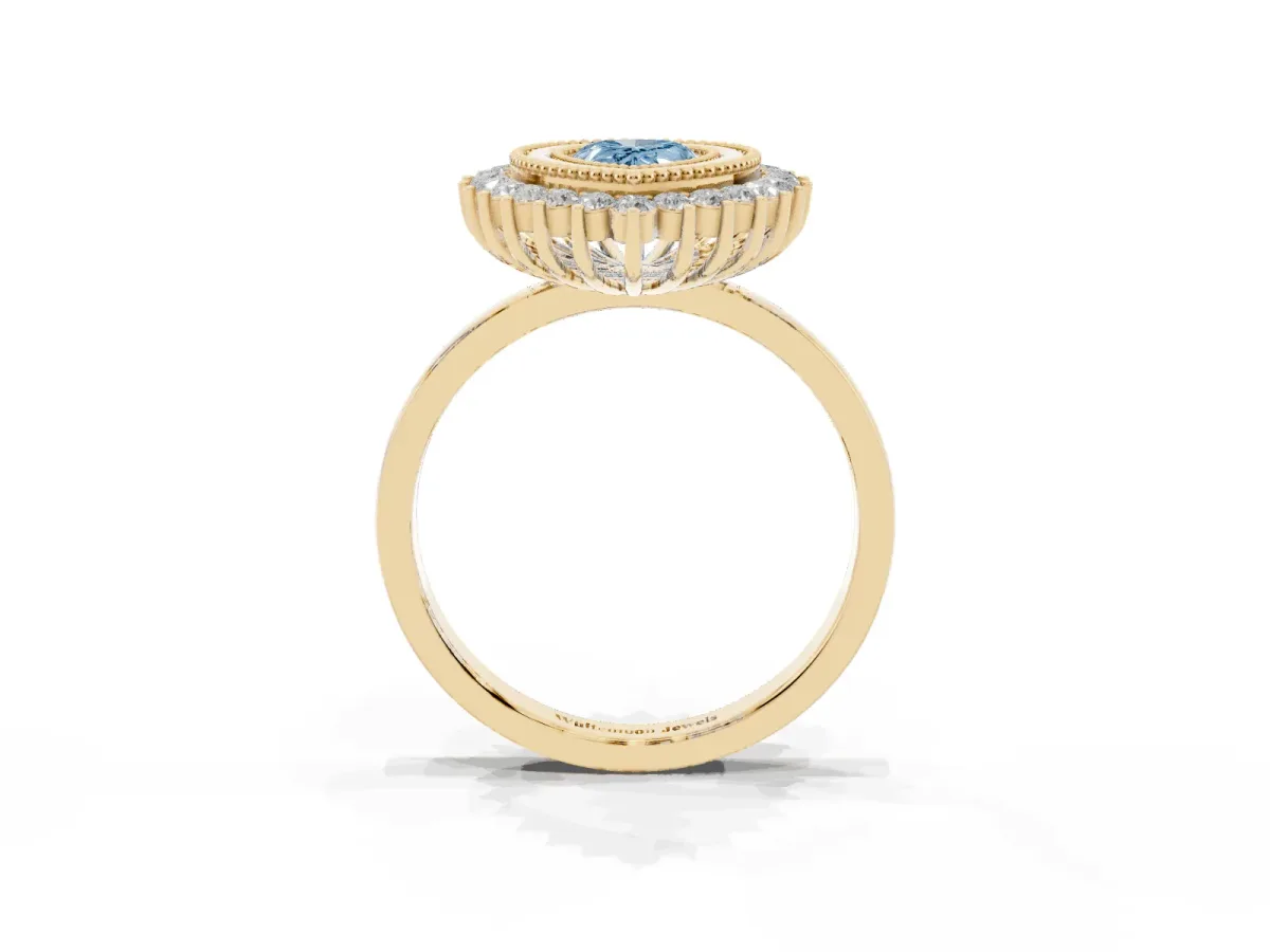 Fancy Blue Pear Cut Halo Diamond Ring with Milgrain Edge and Round Prong Setting Yellow gold