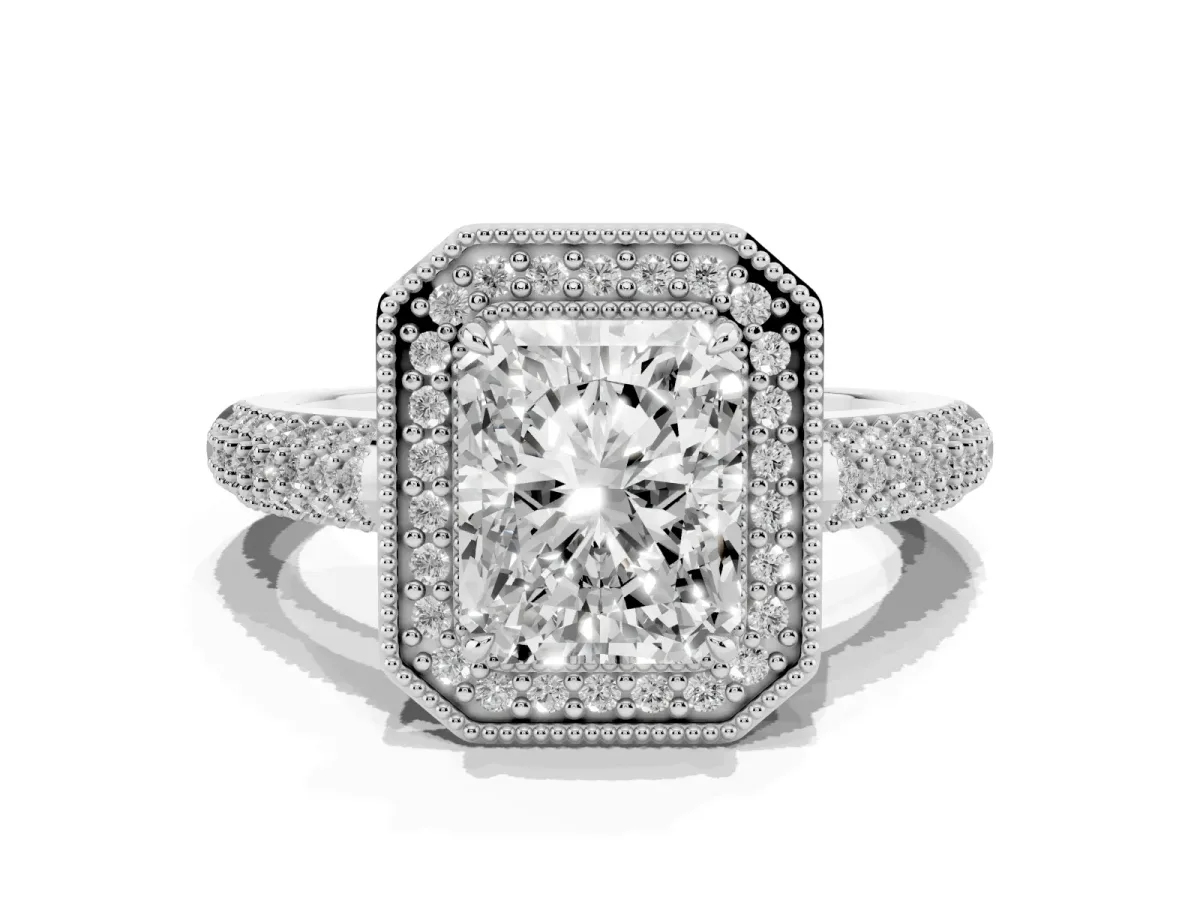 Radiant Cut Cut Halo Diamond Pave Band with Four-Prong Setting Silver
