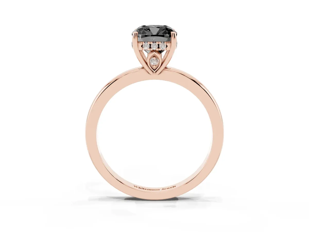 Fancy Black Cushion Cut Solitaire Diamond Ring with Prong Setting and Plain Band Rose gold