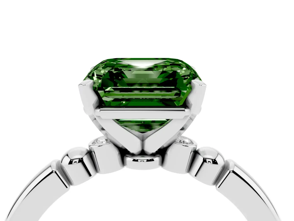 Fancy Green Asscher Cut Solitaire Beaded Band with Four-Prong Setting Silver