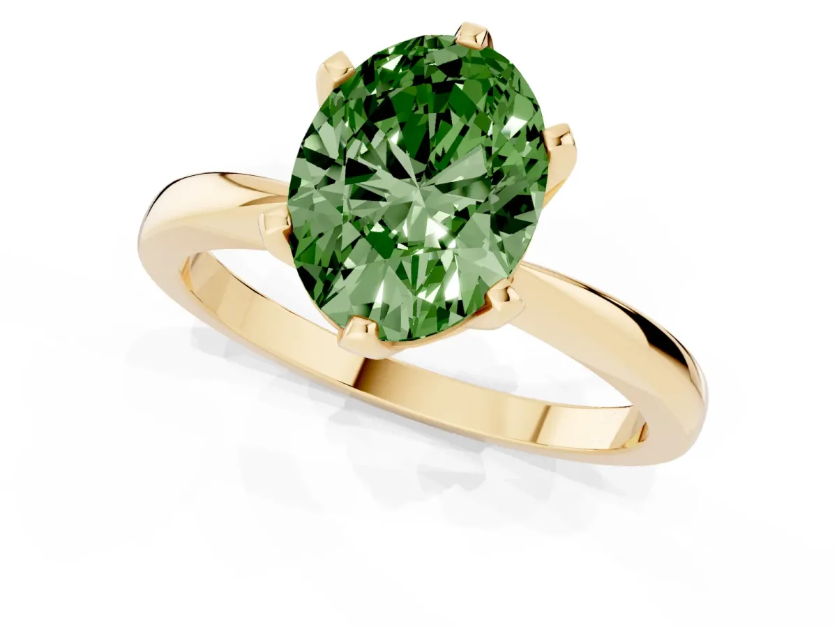 Fancy Green Oval Cut Solitaire Engagement Ring with Six-Prong Setting and Tapered Band Yellow gold