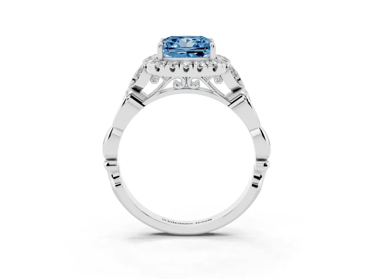 Fancy Blue Princess Cut Halo Diamond Engagement Ring with Vintage-Inspired Band and Four-Prong Setting Silver