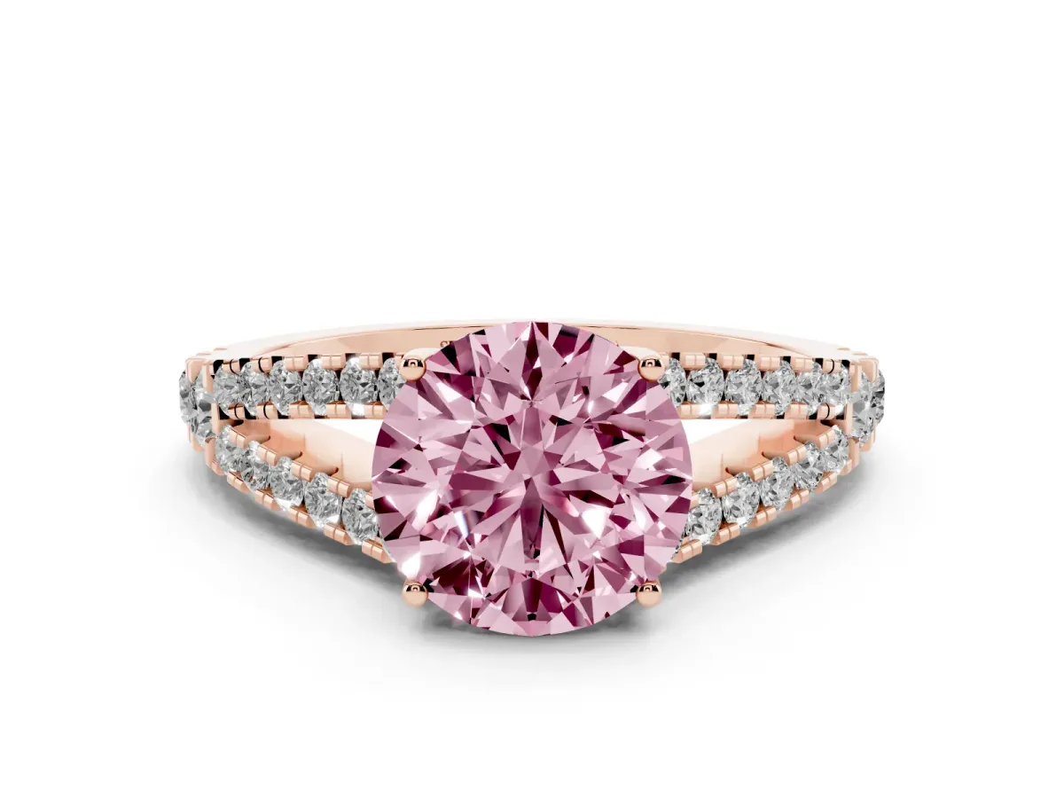 Fancy Pink Round Cut Diamond Split Shank Pavé Engagement Ring with Four-Prong Setting Rose gold
