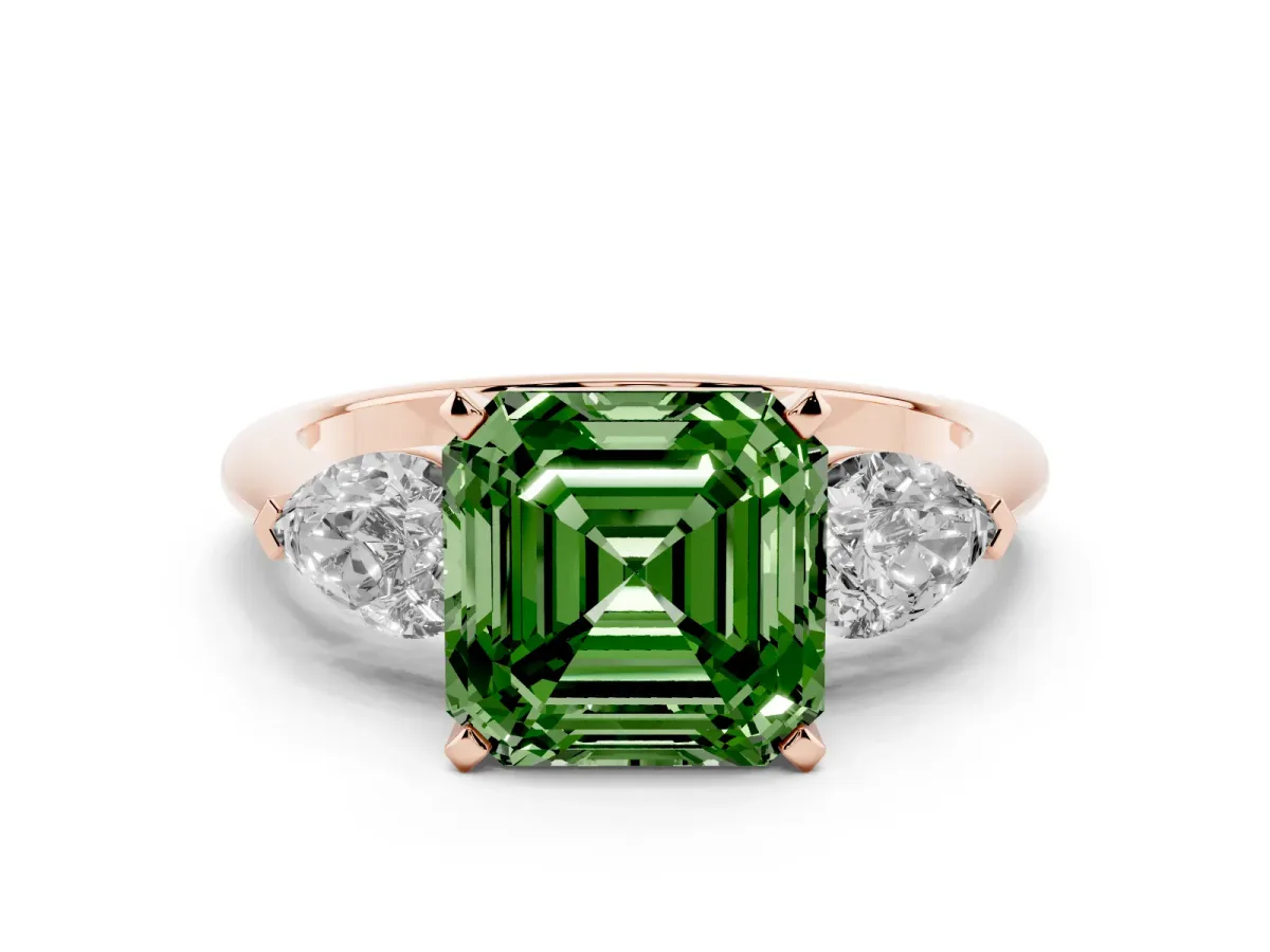 Fancy Green Three-Stone Asscher Cut Diamond Ring with Pear Side Stones and Four-Prong Setting Rose gold