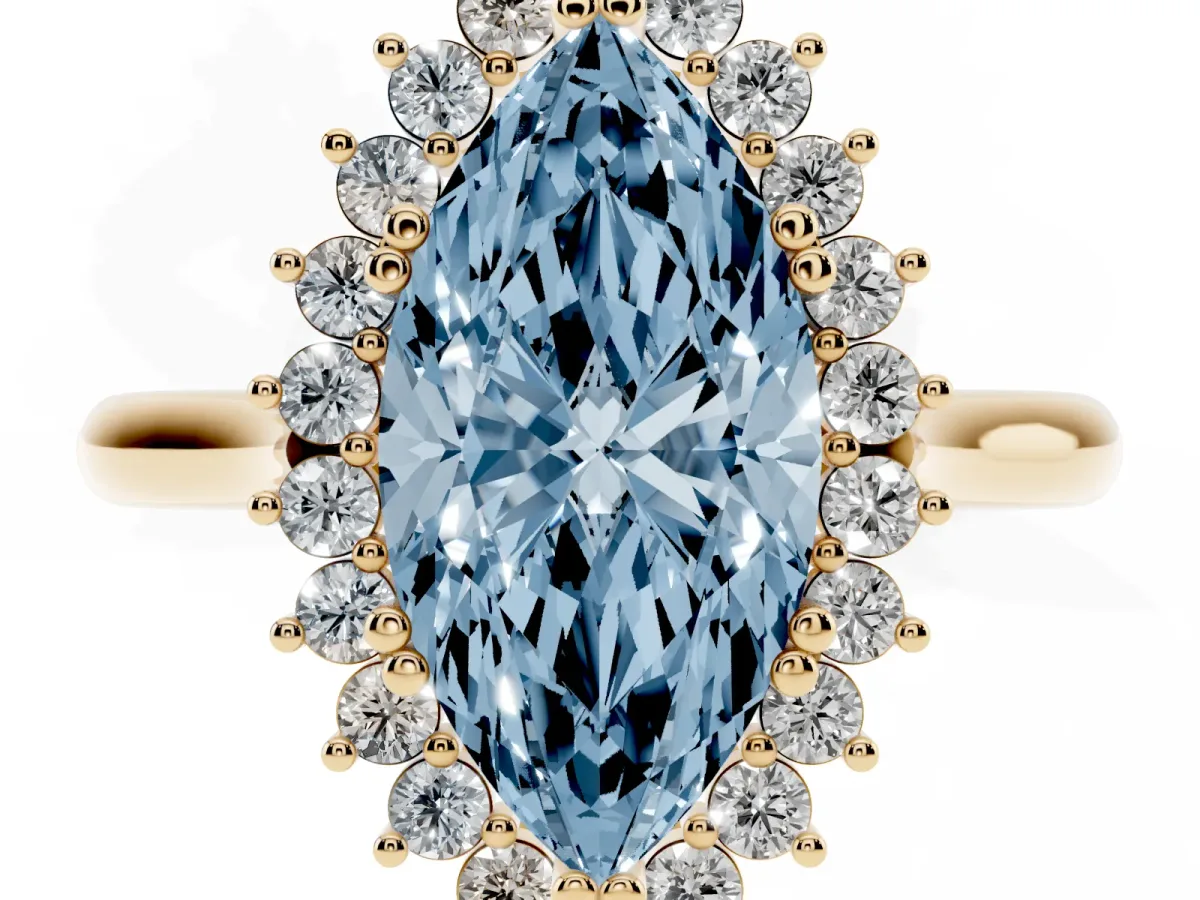 Fancy Blue Marquise Cut Cut Diamond Halo Ring with Solitaire Band and Prong Setting Yellow gold