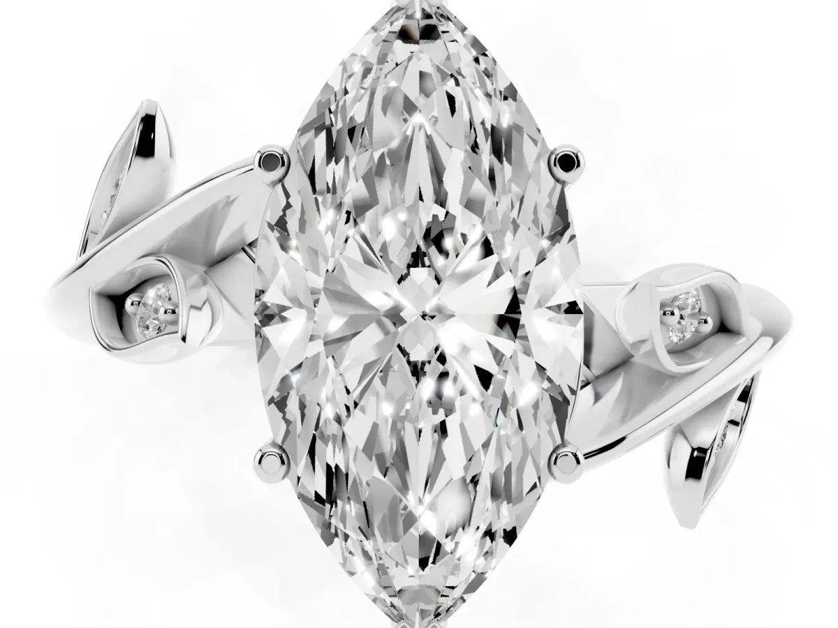 Marquise Cut Solitaire Twist Engagement Ring with Leaf Accents and Prong Setting Platinum
