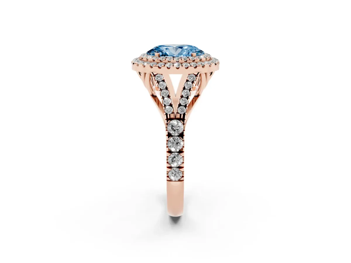Fancy Blue Oval Cut Diamond Pavé Split Shank Double Halo Engagement Ring Rose gold