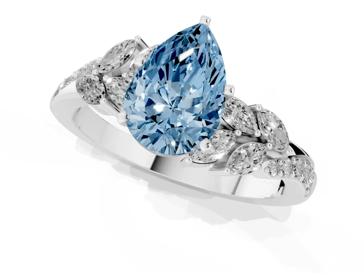 Fancy Blue Pear Cut Solitaire Marquise Twist Band with Six-Prong Setting Silver