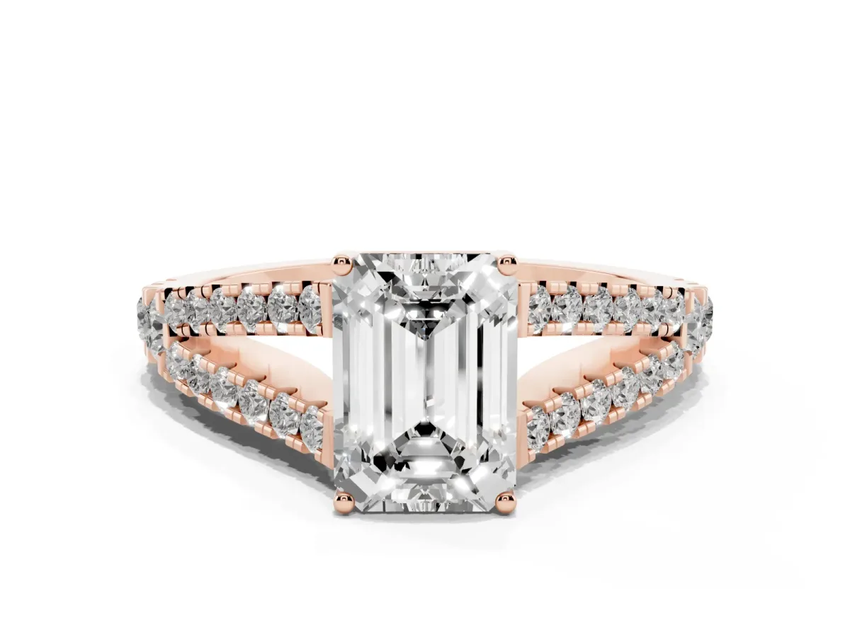 Emerald Cut Diamond Split Shank Pavé Engagement Ring with Four-Prong Setting Rose gold