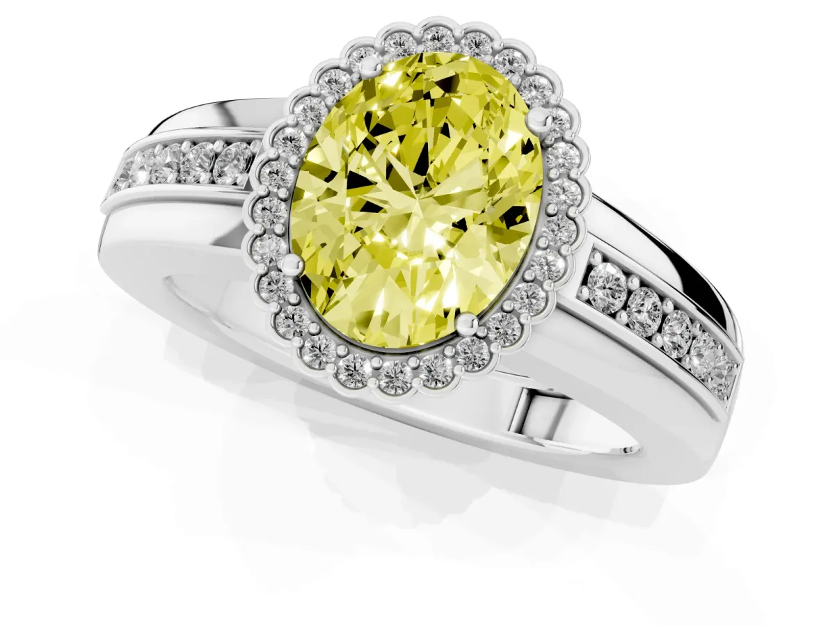 Fancy Yellow Oval Cut Cut Halo Pave Band Four-Prong Ring Silver