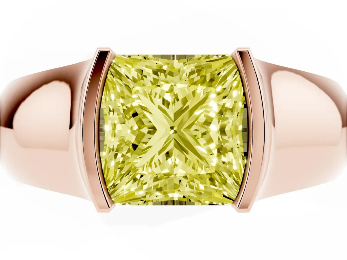 Fancy Yellow Princess Cut Solitaire Bezel Set Diamond Ring with Wide Band Rose gold
