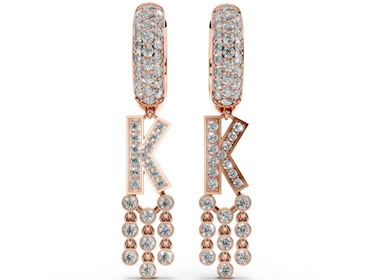 Round Diamond Initial K Huggie Hoop Earrings Rose gold