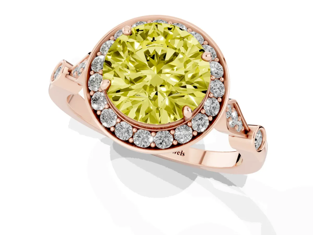 Fancy Yellow Round Cut Halo Diamond Engagement Ring with Twisted Band and Four-Prong Setting Rose gold