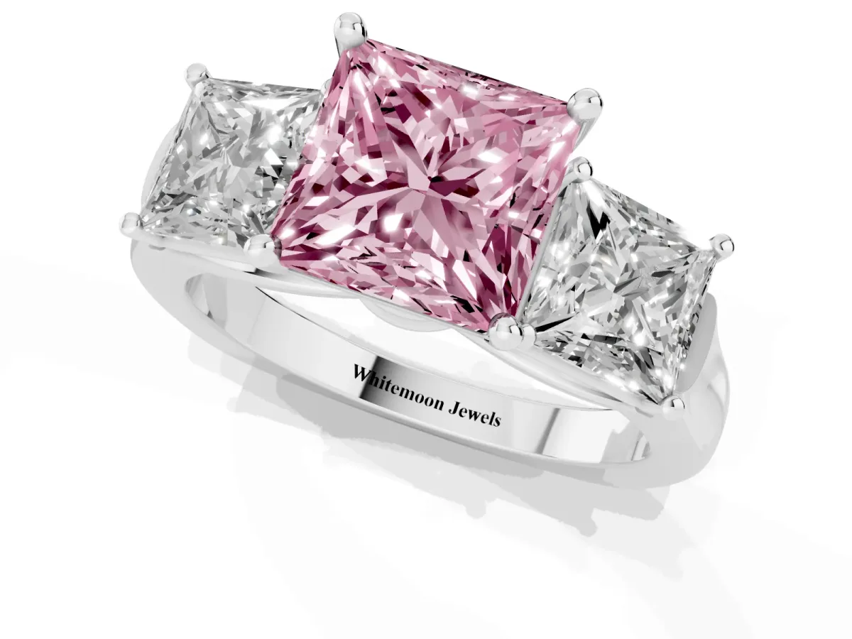 Fancy Pink Three-Stone Princess Cut Brilliant Diamond Trellis Ring with Comfort Fit Band White gold