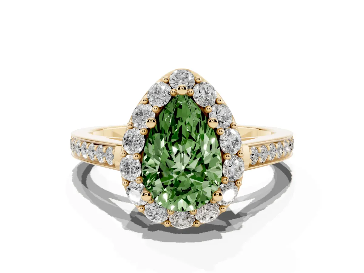 Fancy Green Pear Cut Diamond Floral Halo Ring with Pavé Band and Prong Setting Yellow gold