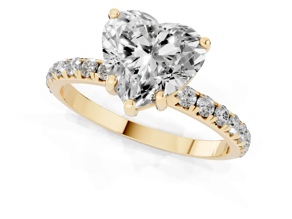 Heart Cut Cut Diamond Solitaire Ring with Micro Pave Band and Four Prong Setting Yellow gold
